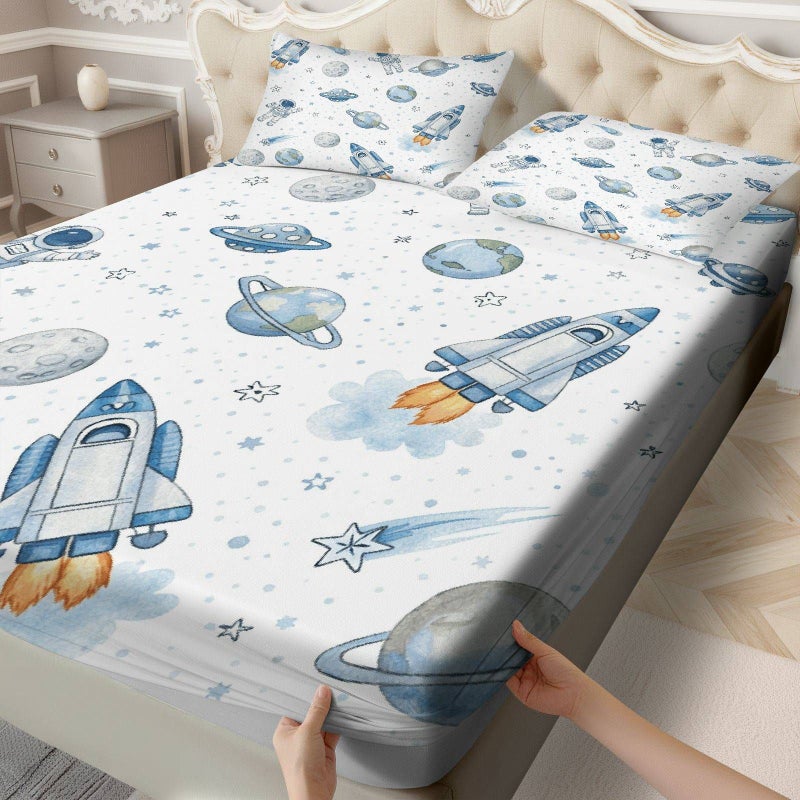 Children Twin Size Fitted Sheet And Pillowcase Set With Space Rocket Astronaut Pattern Mixed Colors Soft Breathable Galaxy Theme Bedding - Image 2