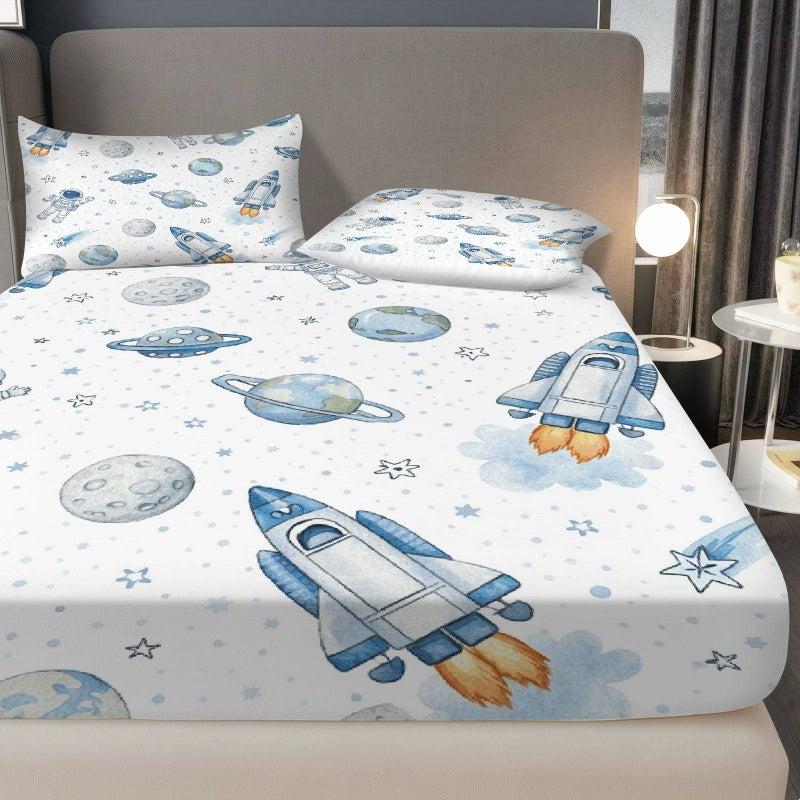 Children Twin Size Fitted Sheet And Pillowcase Set With Space Rocket Astronaut Pattern Mixed Colors Soft Breathable Galaxy Theme Bedding - Image 4