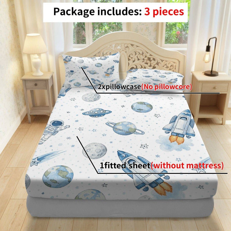 Children Twin Size Fitted Sheet And Pillowcase Set With Space Rocket Astronaut Pattern Mixed Colors Soft Breathable Galaxy Theme Bedding - Image 5