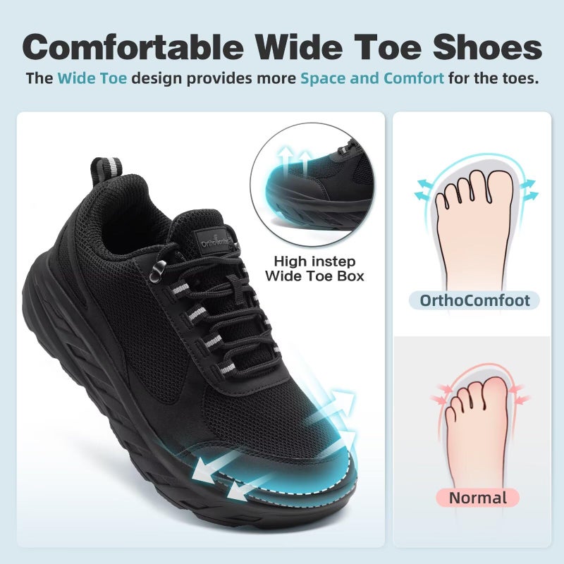 OrthoComfoot Men's Orthopedic Diabetic Wide Walking Shoes: Comfortable Adjustable Fit Shoes for High Arch, Arch Support Orthotic Fashion Sneakers for Plantar Fasciitis Black Size 9 - Image 3