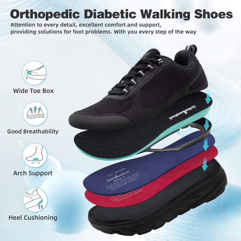 OrthoComfoot Men's Orthopedic Diabetic Wide Walking Shoes: Comfortable Adjustable Fit Shoes for High Arch, Arch Support Orthotic Fashion Sneakers for Plantar Fasciitis Black Size 9 - Image 2