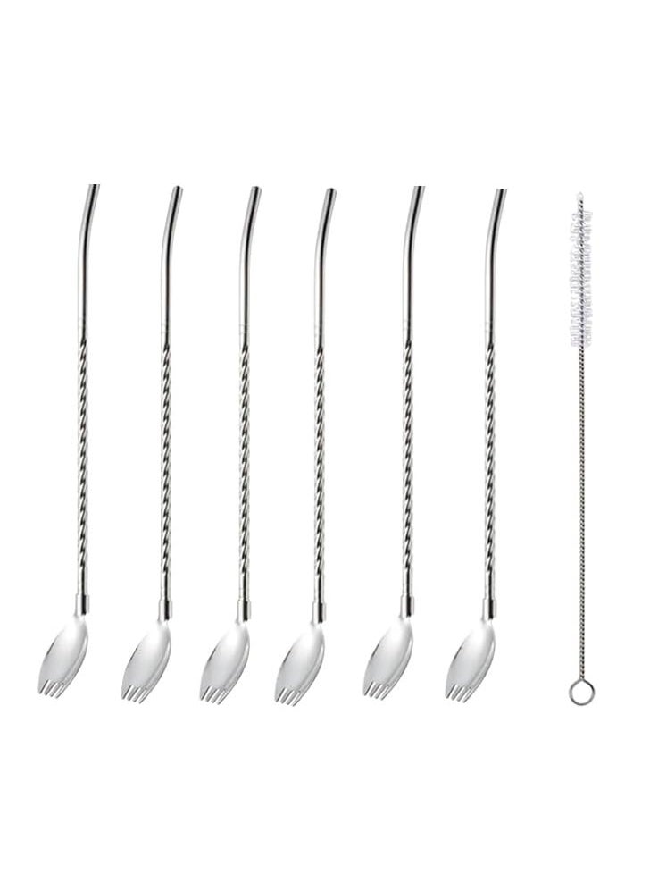 CLICKSWIFT Clickswift 6 Pcs of Stainless Steel Spoon Straw with Twisted Handle for DrinkingReusable Metal Cocktail Spoons Straws with Long Cleaning Brush for Mixing and Stirring Sliver  - Image 1