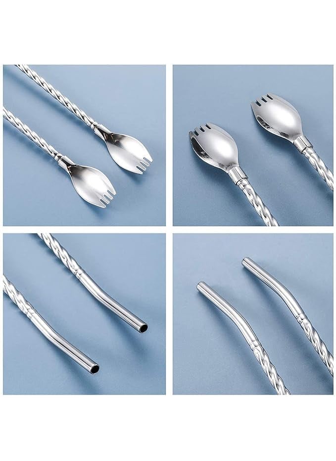 CLICKSWIFT Clickswift 6 Pcs of Stainless Steel Spoon Straw with Twisted Handle for DrinkingReusable Metal Cocktail Spoons Straws with Long Cleaning Brush for Mixing and Stirring Sliver  - Image 5