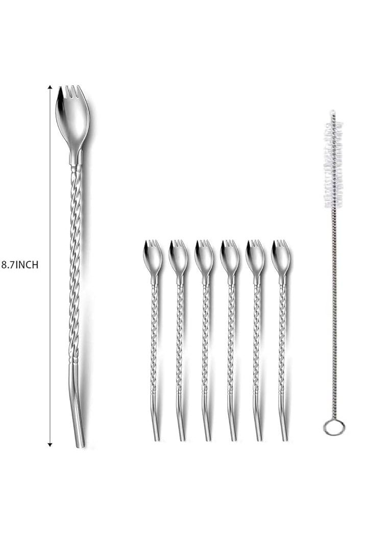 CLICKSWIFT Clickswift 6 Pcs of Stainless Steel Spoon Straw with Twisted Handle for DrinkingReusable Metal Cocktail Spoons Straws with Long Cleaning Brush for Mixing and Stirring Sliver  - Image 2
