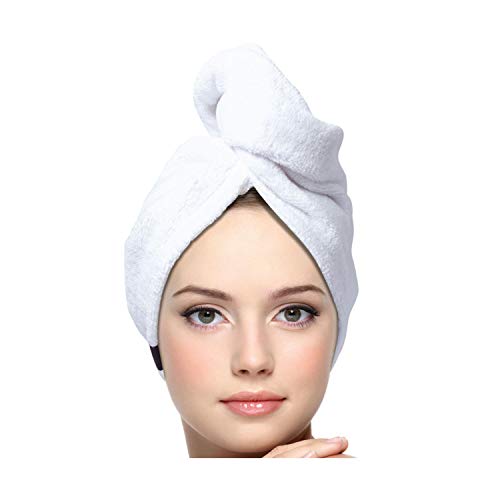 KEEPOZ 100 Cotton Hair Towel Wrap Quick Dry Super Absorbent Turban Head Wrap for Women with Button Anti Frizz Hair Cap for Curly Long Thick Hair White 1 Pc - Image 2
