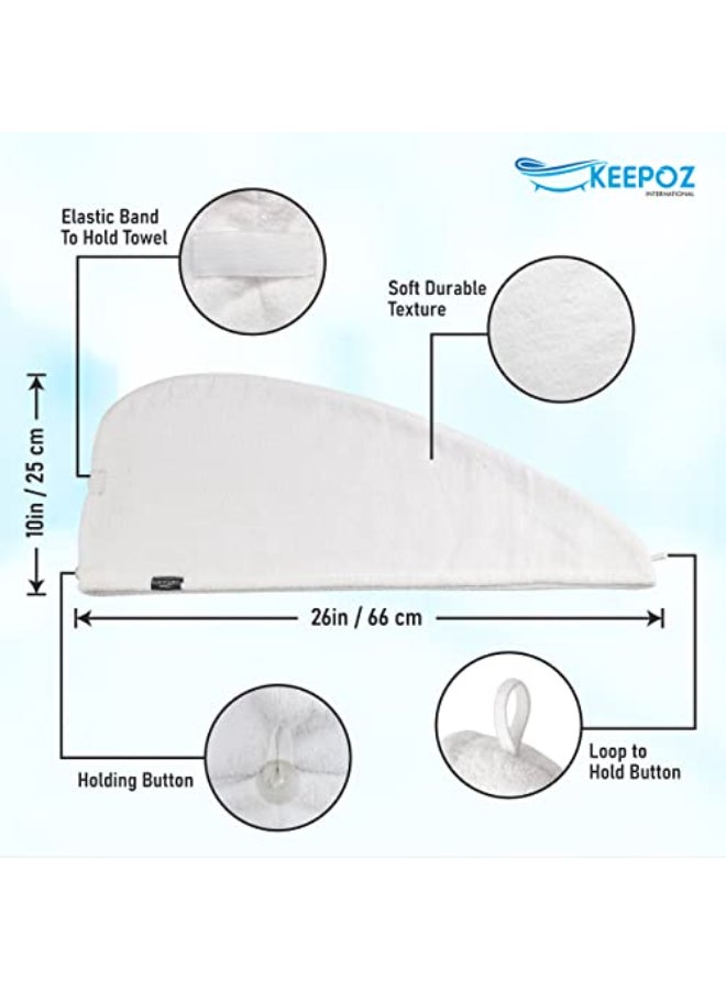 KEEPOZ 100 Cotton Hair Towel Wrap Quick Dry Super Absorbent Turban Head Wrap for Women with Button Anti Frizz Hair Cap for Curly Long Thick Hair White 1 Pc - Image 4