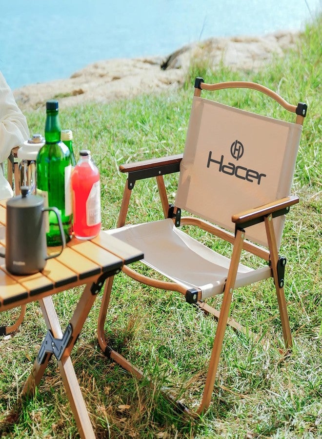 Hacer Carbon Steel Foldable Chair Outdoor Portable Armchair with Wooden Handle for Travel Camping Picnic Garden (Off White) - Image 4