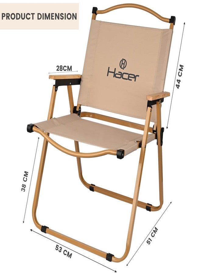 Hacer Carbon Steel Foldable Chair Outdoor Portable Armchair with Wooden Handle for Travel Camping Picnic Garden (Off White) - Image 2