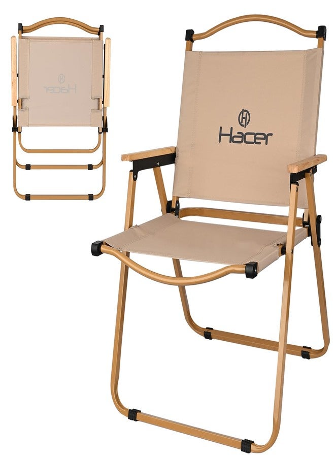 Hacer Carbon Steel Foldable Chair Outdoor Portable Armchair with Wooden Handle for Travel Camping Picnic Garden (Off White) - Image 1