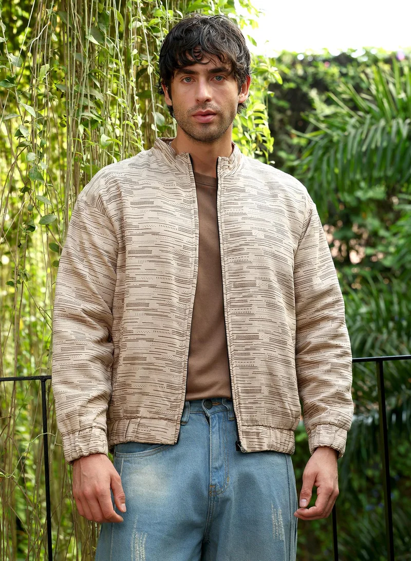 Campus Sutra Men Lined-Jacquard Bomber Jacket | Mandarin Collar, Long Stretch-Cuff Sleeves | Zipper , Stretch-Straight Hem | Geometric Jacquard | Woven Fabric For Casual & Daily Wear | Khaki Brown