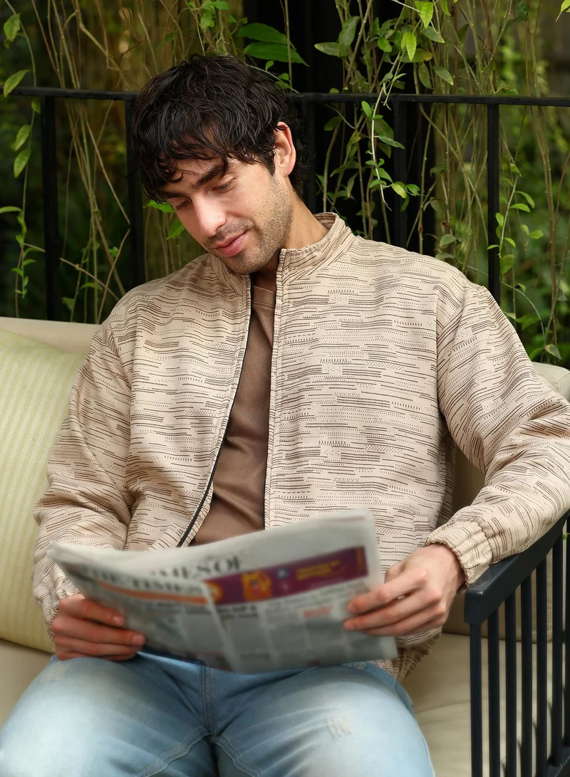 Campus Sutra Men Lined-Jacquard Bomber Jacket | Mandarin Collar, Long Stretch-Cuff Sleeves | Zipper , Stretch-Straight Hem | Geometric Jacquard | Woven Fabric For Casual & Daily Wear | Khaki Brown