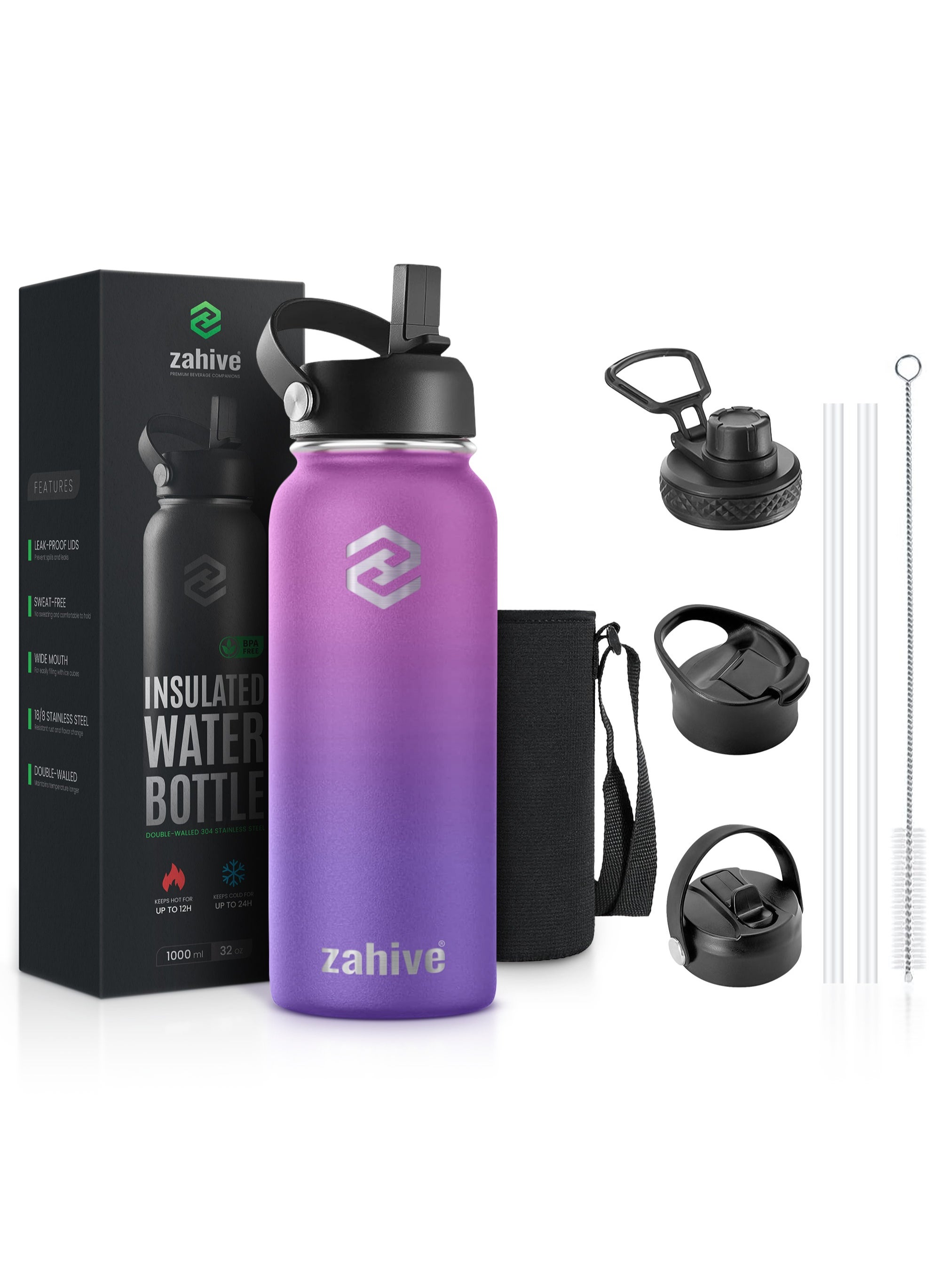 Stainless Steel Insulated Water Bottle with Straw with 3 Lids and Bag 1000 ml, Double Wall Thermos for Hot and Cold Water for Gym and Work, Wide Mouth, Leak Proof, 1 litre, Purple 