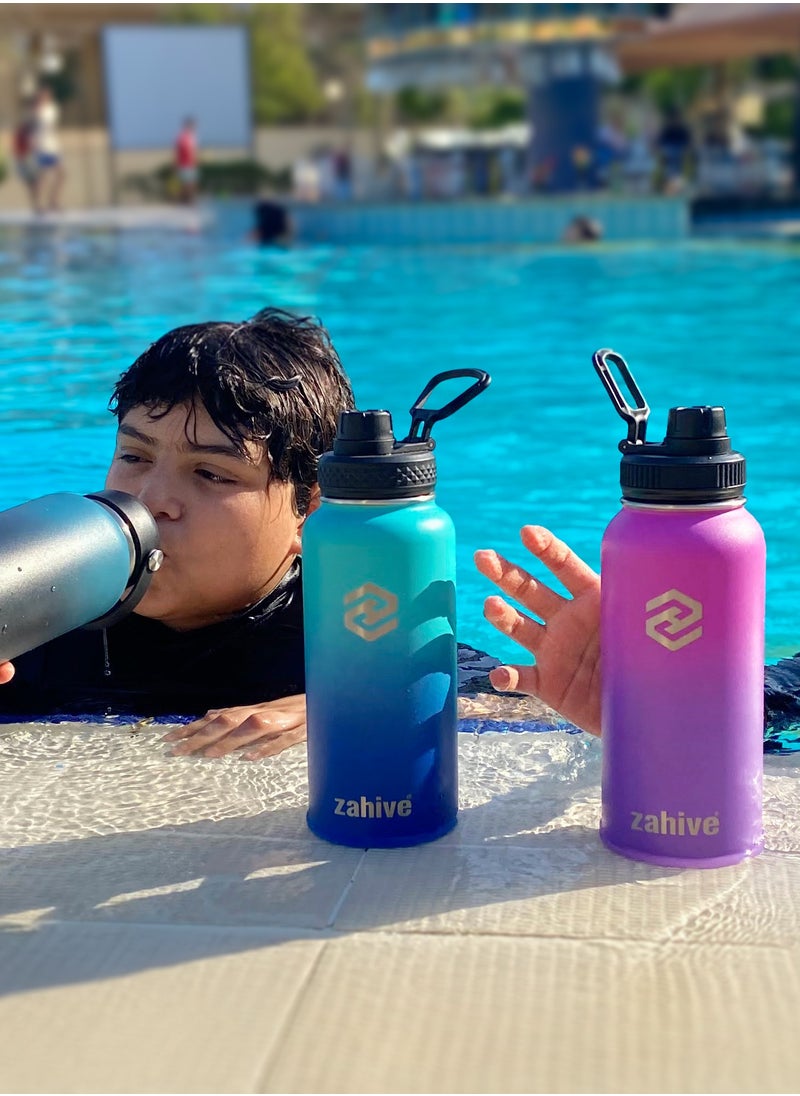 Zahive - Stainless Steel Insulated Water Bottle with Straw with 3 Lids and Bag 1000 ml, Double Wall Thermos for Hot and Cold Drinks for Gym and Work, Wide Mouth, Leak Proof, 1 litre, Purple - Image 1