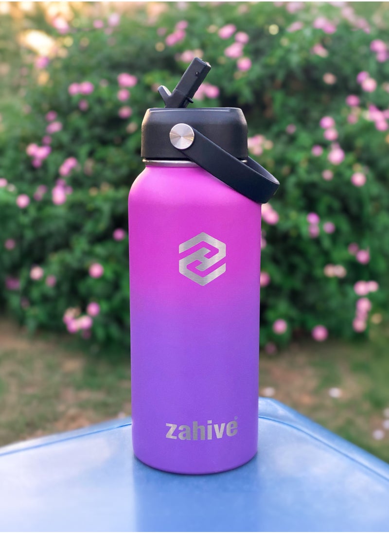 Zahive - Stainless Steel Insulated Water Bottle with Straw with 3 Lids and Bag 1000 ml, Double Wall Thermos for Hot and Cold Drinks for Gym and Work, Wide Mouth, Leak Proof, 1 litre, Purple - Image 1