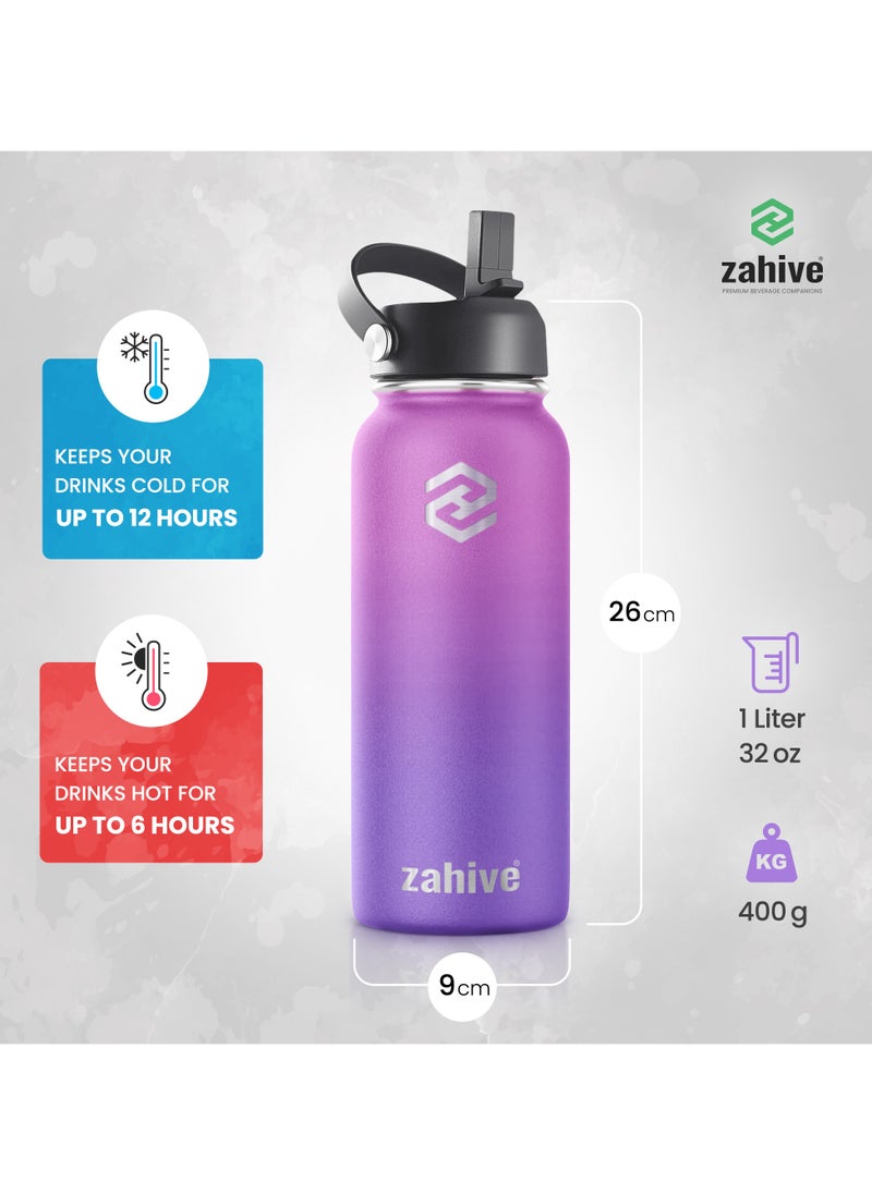 Zahive - Stainless Steel Insulated Water Bottle with Straw with 3 Lids and Bag 1000 ml, Double Wall Thermos for Hot and Cold Drinks for Gym and Work, Wide Mouth, Leak Proof, 1 litre, Purple - Image 1