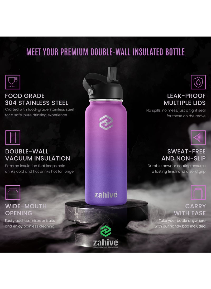 Zahive - Stainless Steel Insulated Water Bottle with Straw with 3 Lids and Bag 1000 ml, Double Wall Thermos for Hot and Cold Drinks for Gym and Work, Wide Mouth, Leak Proof, 1 litre, Purple - Image 1