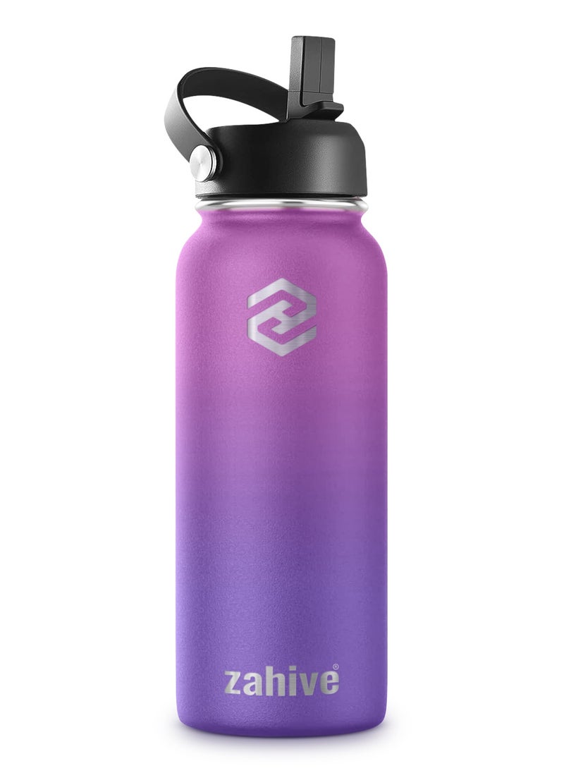 Zahive - Stainless Steel Insulated Water Bottle with Straw with 3 Lids and Bag 1000 ml, Double Wall Thermos for Hot and Cold Drinks for Gym and Work, Wide Mouth, Leak Proof, 1 litre, Purple - Image 1