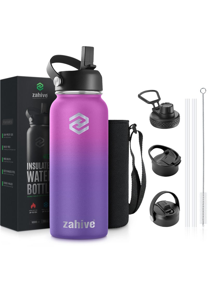Zahive - Stainless Steel Insulated Water Bottle with Straw with 3 Lids and Bag 1000 ml, Double Wall Thermos for Hot and Cold Drinks for Gym and Work, Wide Mouth, Leak Proof, 1 litre, Purple - Image 1