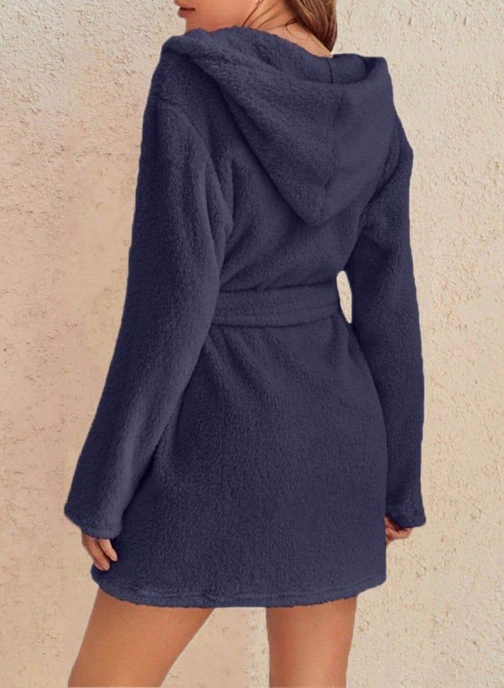 RATSAW Women Hooded Bathrobe Fleece Lightweight Soft Plush Flannel Sleepwear Fleece Hooded Bathrobes Night Sleepwear Women's Mid Length Plush Robe  - Image 2