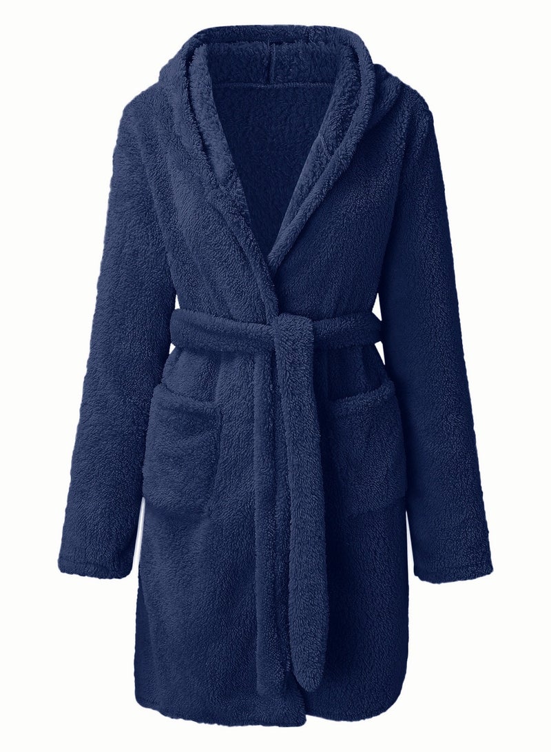 RATSAW Women Hooded Bathrobe Fleece Lightweight Soft Plush Flannel Sleepwear Fleece Hooded Bathrobes Night Sleepwear Women's Mid Length Plush Robe  - Image 3