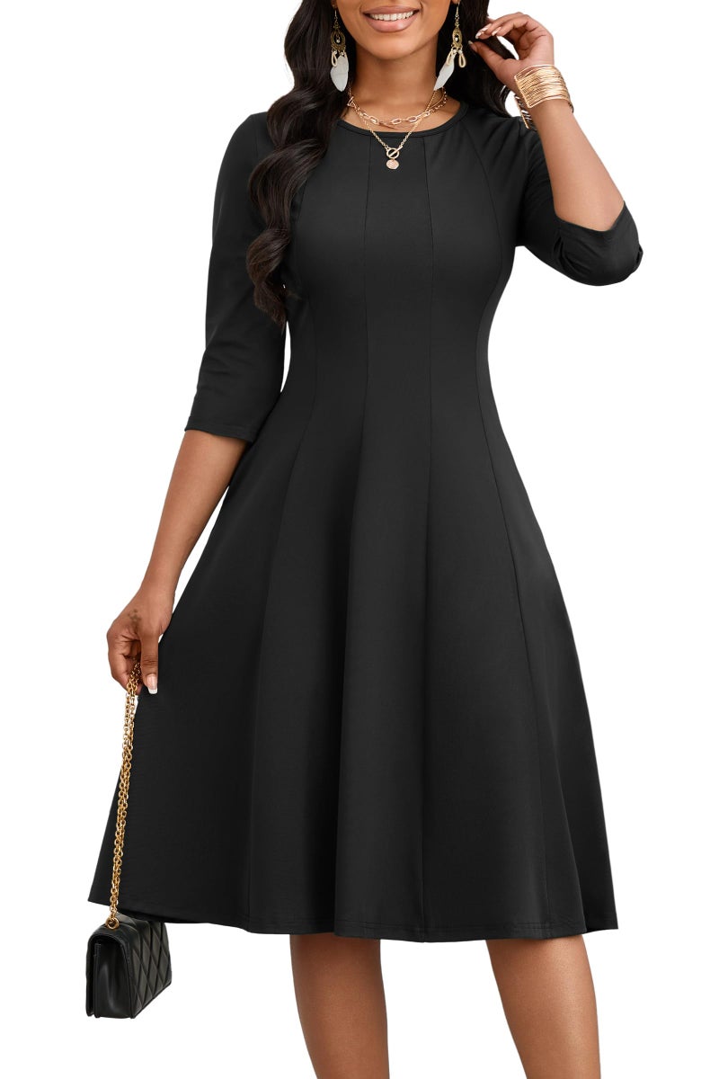 CLOCOR Casual Midi Dresses for Women A-Line Fit and Flare Elegant Church Cocktail Work 3/4 Sleeve Dress with Pocket Black - Image 1