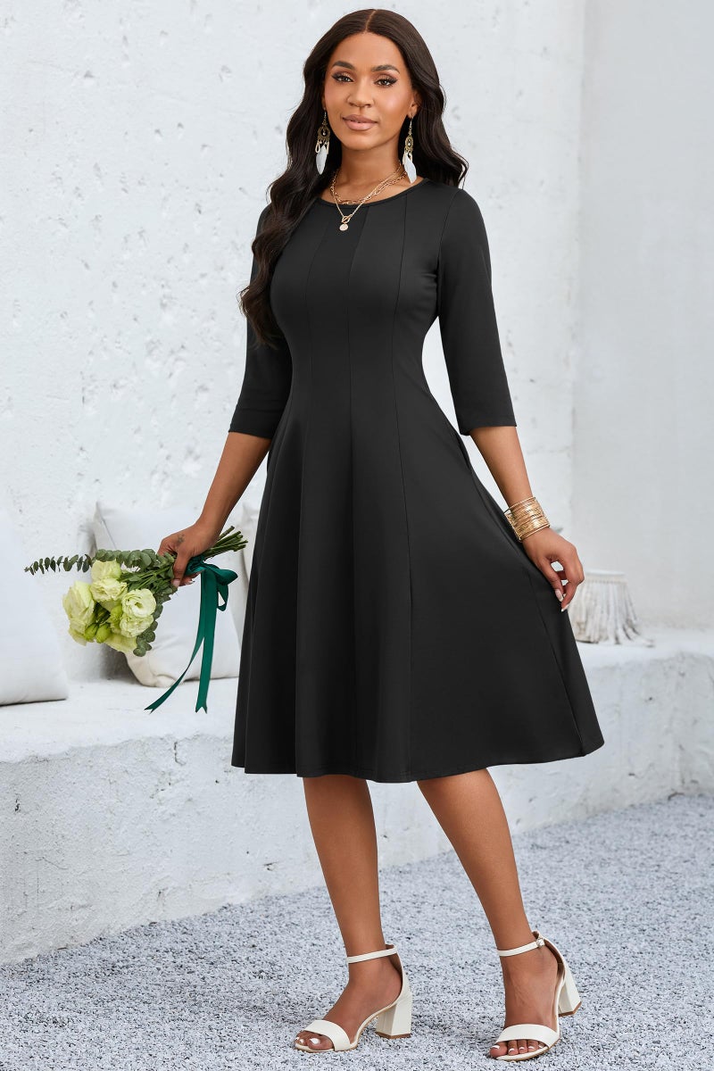 CLOCOR Casual Midi Dresses for Women A-Line Fit and Flare Elegant Church Cocktail Work 3/4 Sleeve Dress with Pocket Black - Image 4