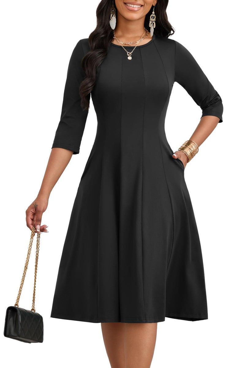 CLOCOR Casual Midi Dresses for Women A-Line Fit and Flare Elegant Church Cocktail Work 3/4 Sleeve Dress with Pocket Black - Image 2