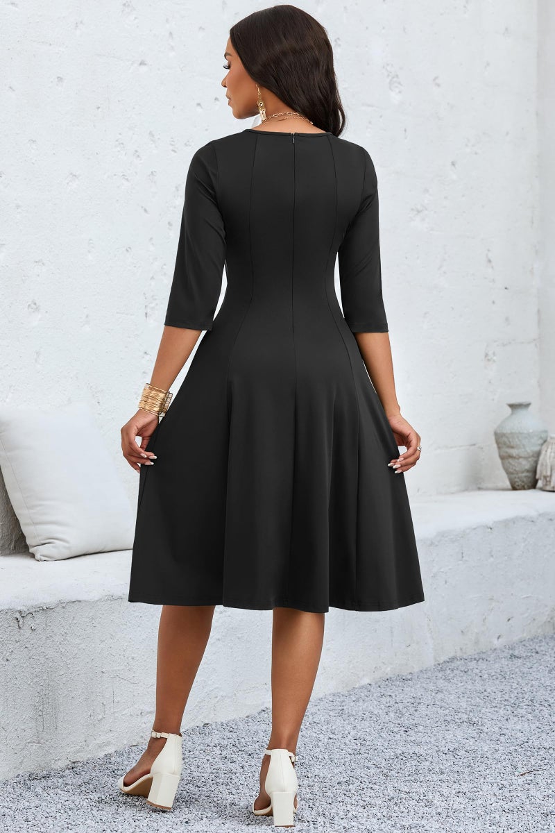 CLOCOR Casual Midi Dresses for Women A-Line Fit and Flare Elegant Church Cocktail Work 3/4 Sleeve Dress with Pocket Black - Image 5