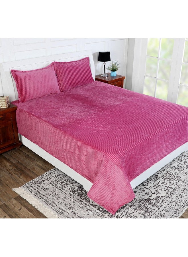 RD TREND 210 TC 190 GSM Flannel Warm bedsheets for Winter Double Flat Size (90 x 100 Inches) with 2 Pillow Cover Size (18x28 Inches) Striped (Pink, Double) - Image 1