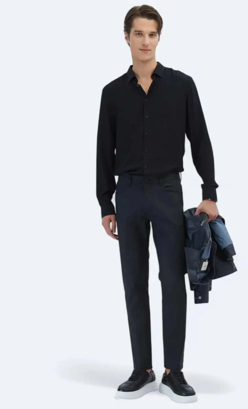 Kip Black Plain Woven Fitted Fit Casual Cotton Blend Trousers