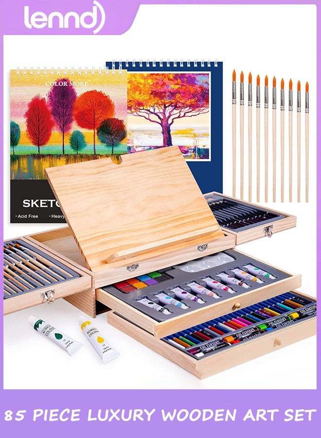 LENND 85 Piece Deluxe Wooden Art Supplies, Art Kit with Easel and Acrylic Pad, Art Set for Teens, Adults and Artist Beginners, Creative Gift Box with Wooden Case, Sketching Pencils, Artist Brushes - Image 1