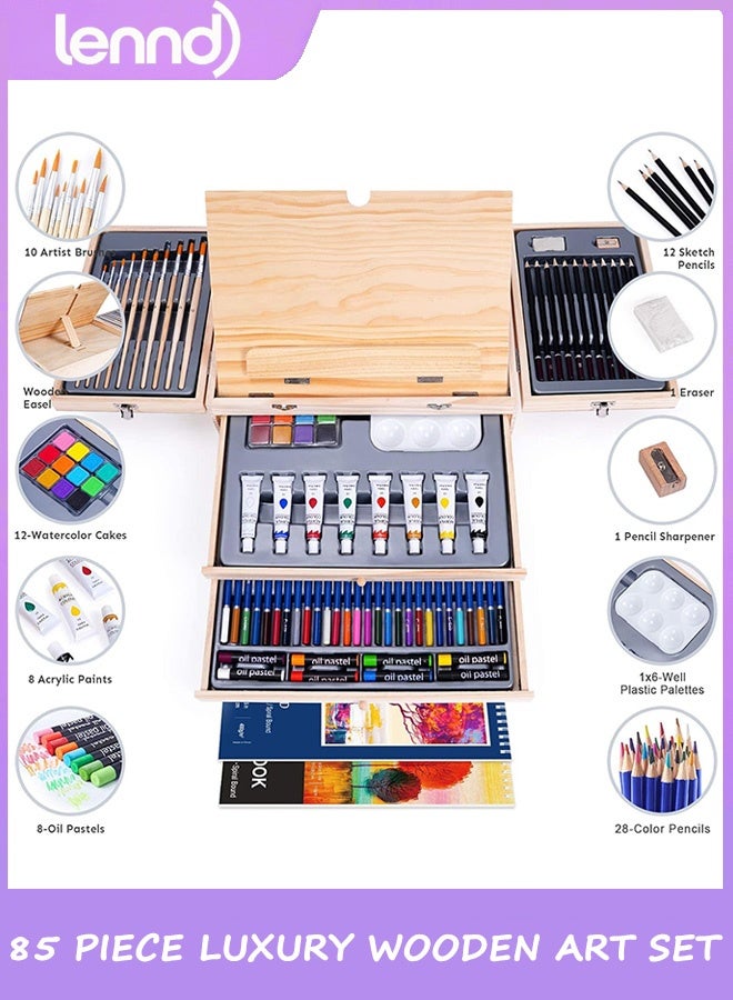 LENND 85 Piece Deluxe Wooden Art Supplies, Art Kit with Easel and Acrylic Pad, Art Set for Teens, Adults and Artist Beginners, Creative Gift Box with Wooden Case, Sketching Pencils, Artist Brushes - Image 3