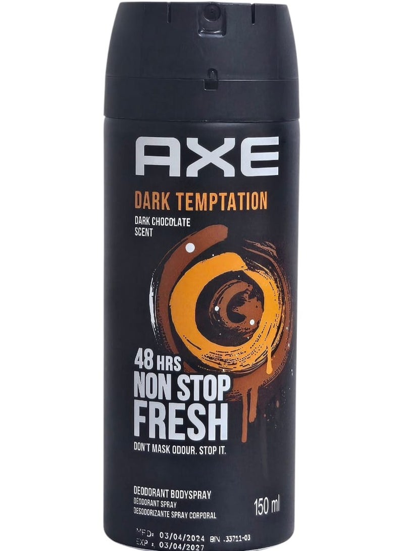 أكس بخاخ مزيل لرائحة العرق للجسم دارك تيمبتيشن لحماية من الرائحة الكريهة تدوم طويلاً لمدة 48 ساعة وبعطر لا يقاوم للرجال
