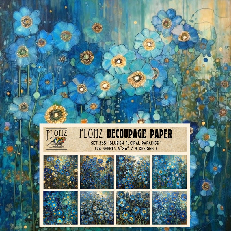 Decoupage Paper Pack 24 Sheets 6x6 Floral Paradise in Blue Vintage Styled Pattern Paper for Decoupage Craft and Scrapbooking