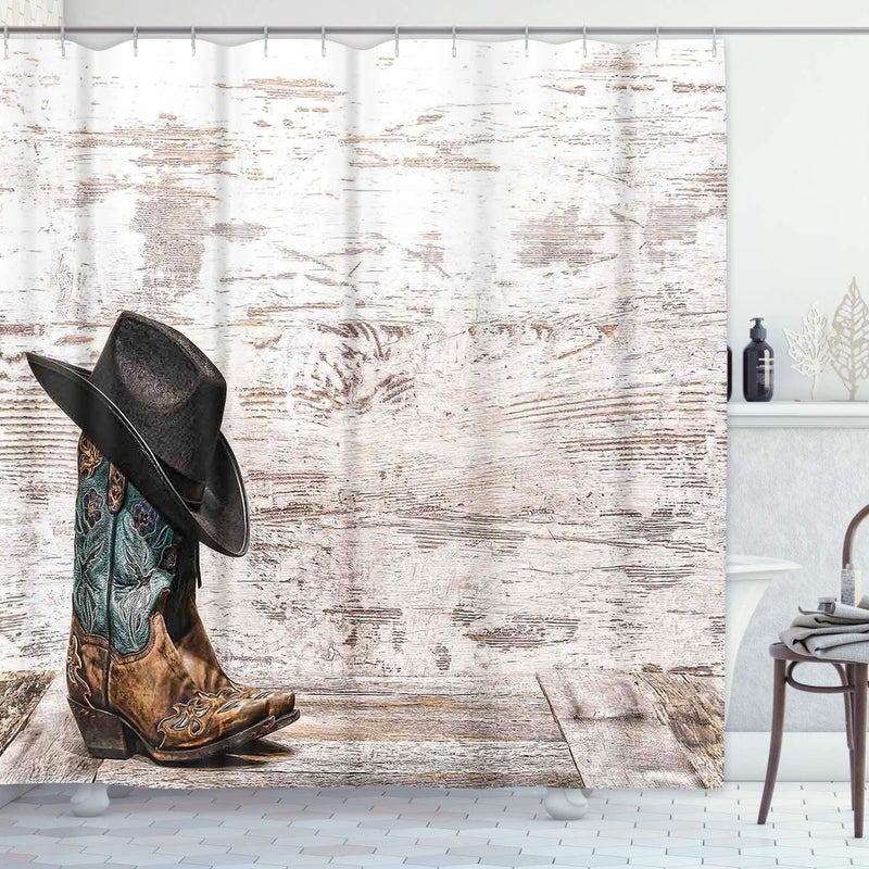 ArtSocket ArtSocket Shower Curtain Western Traditional Rodeo Cowboy Hat and Cowgirl Boots Home Bathroom Decor Polyester Fabric Waterproof 72 x 72 Inches Set with Hooks 