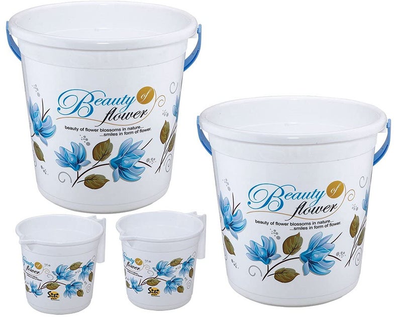 Hevea Plastic Bathroom Bucket 20 Liters & Mug1L with New Flower Printed Set of 2 (Blue and Pink) - Image 1