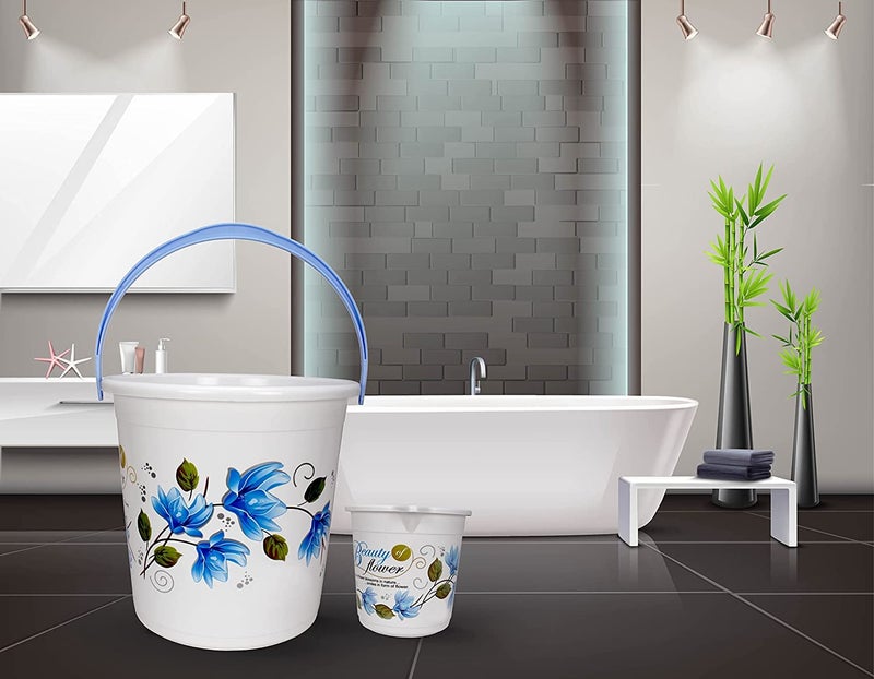 Hevea Plastic Bathroom Bucket 20 Liters & Mug1L with New Flower Printed Set of 2 (Blue and Pink) - Image 5