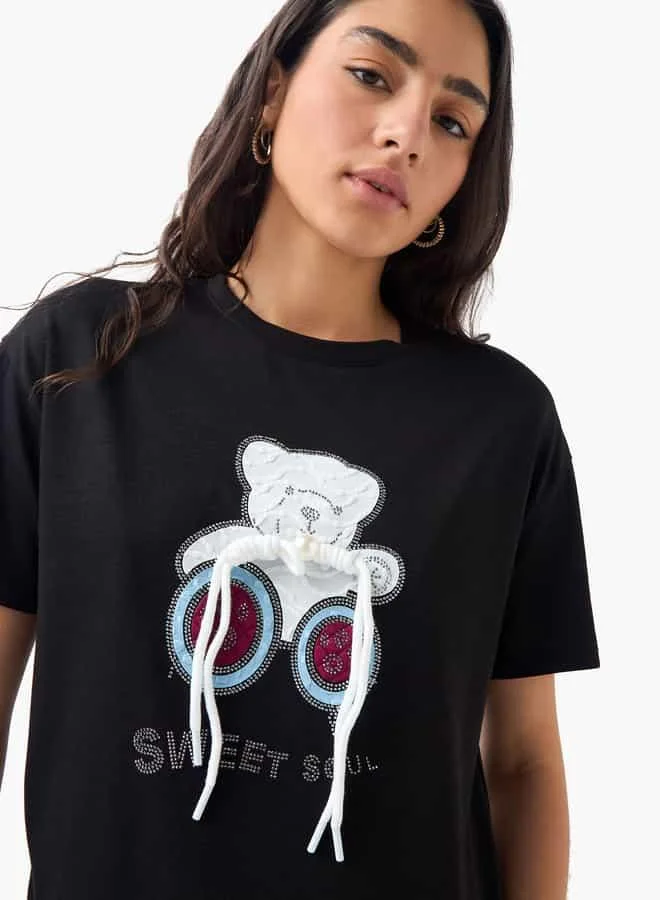 2Xtremz 2Xtremz Teddy Bear Embellished T-shirt with Short Sleeves