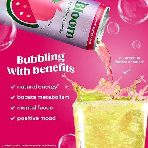 Bloom Nutrition Sparkling Energy Drink - Natural Caffeine, Zero Sugar, 180mg Caffeine - Antioxidant-Rich with Green Coffee Bean, Green Tea Extract, Prebiotics - Strawberry Watermelon - 12oz 12 Pack - Image 3
