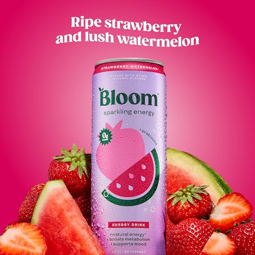 Bloom Nutrition Sparkling Energy Drink - Natural Caffeine, Zero Sugar, 180mg Caffeine - Antioxidant-Rich with Green Coffee Bean, Green Tea Extract, Prebiotics - Strawberry Watermelon - 12oz 12 Pack - Image 2