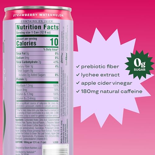 Bloom Nutrition Sparkling Energy Drink - Natural Caffeine, Zero Sugar, 180mg Caffeine - Antioxidant-Rich with Green Coffee Bean, Green Tea Extract, Prebiotics - Strawberry Watermelon - 12oz 12 Pack - Image 4