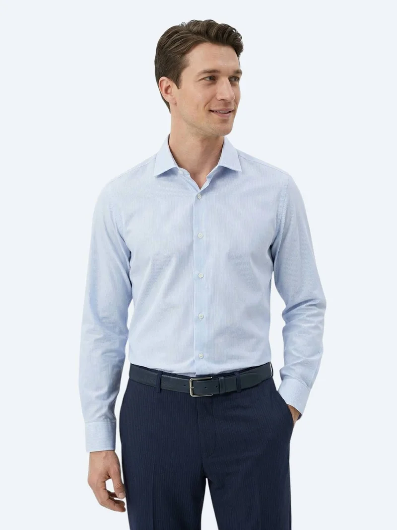 Kip Navy Blue Regular Fit Long Weaving Classical Cotton Blended Shirt