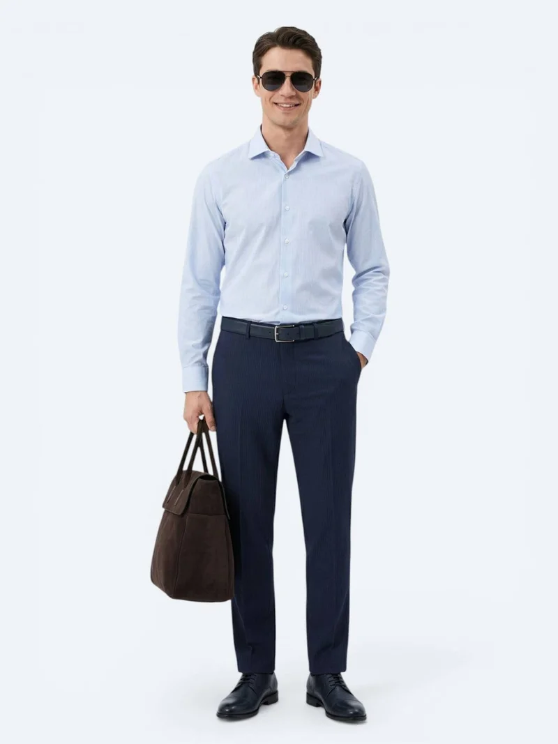 Kip Navy Blue Regular Fit Long Weaving Classical Cotton Blended Shirt