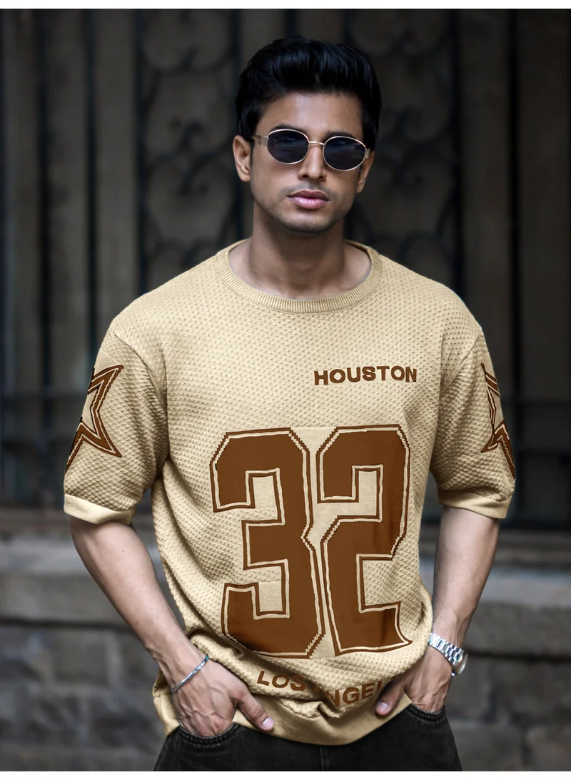 Maniac  Maniac Mens Printed Round Neck Half Sleeve Beige and Brown Flat Knit Oversized Fit T-Shirt for Men | Best Price UAE