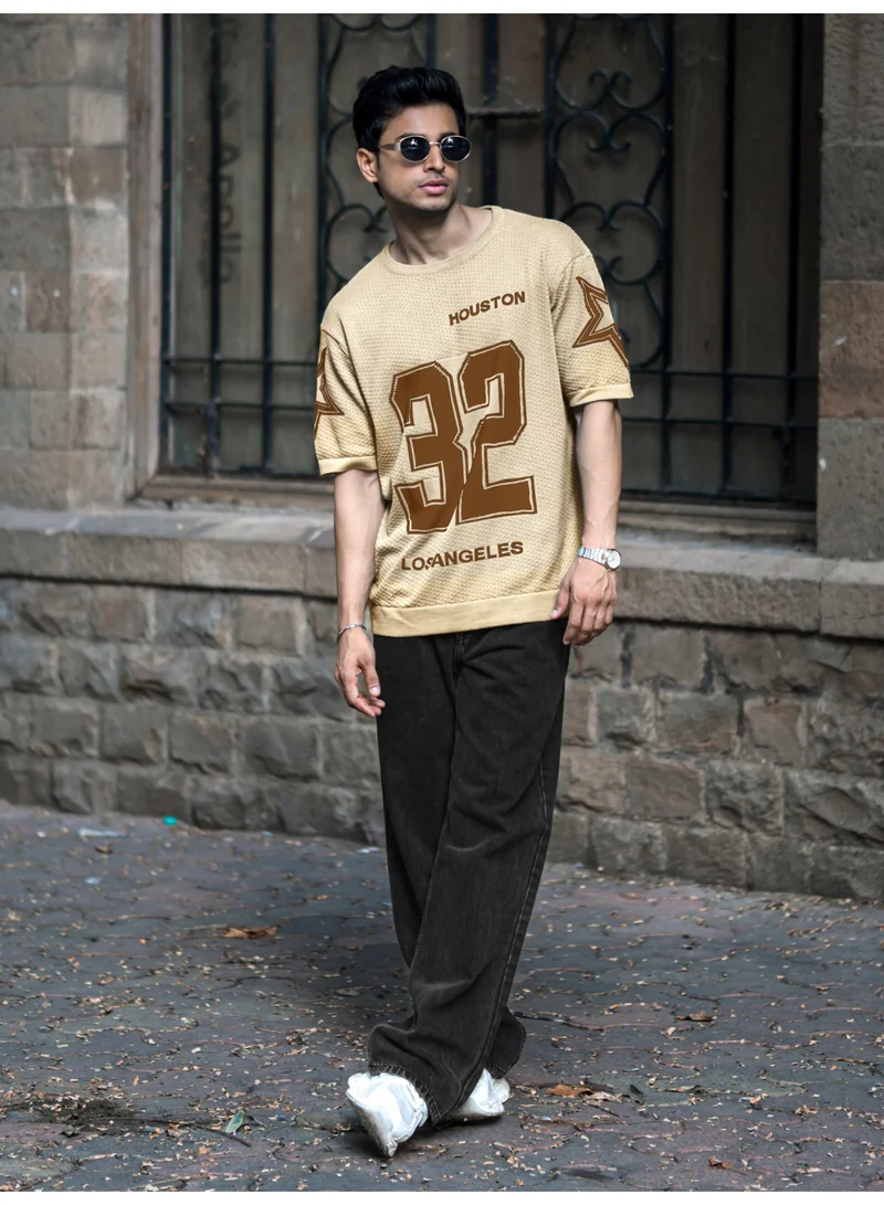 Maniac  Maniac Mens Printed Round Neck Half Sleeve Beige and Brown Flat Knit Oversized Fit T-Shirt for Men | Best Price UAE