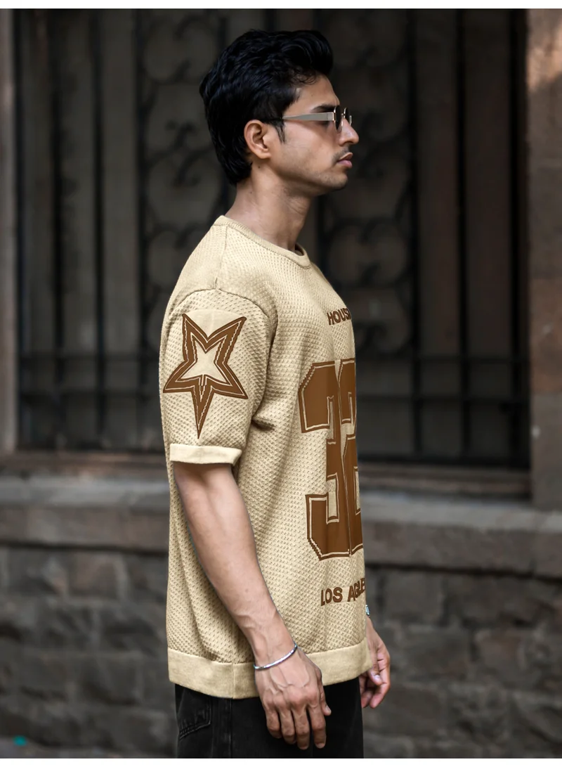 Maniac  Maniac Mens Printed Round Neck Half Sleeve Beige and Brown Flat Knit Oversized Fit T-Shirt for Men | Best Price UAE