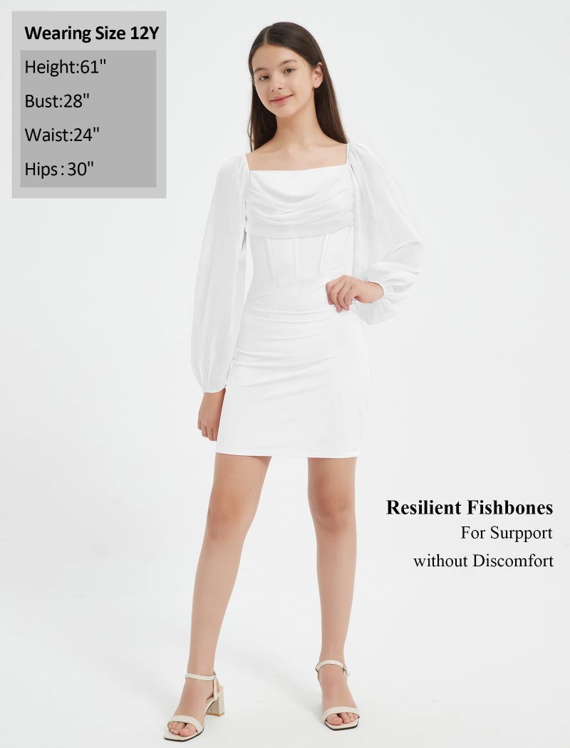 EXARUS Girls Tween Teen Dresses Dance Formal Party Eacter Bodycon Short Long Sleeve Mini Ruched Cowl Neck Mesh Tight Pencil Dance Dress White 12Y - Image 5