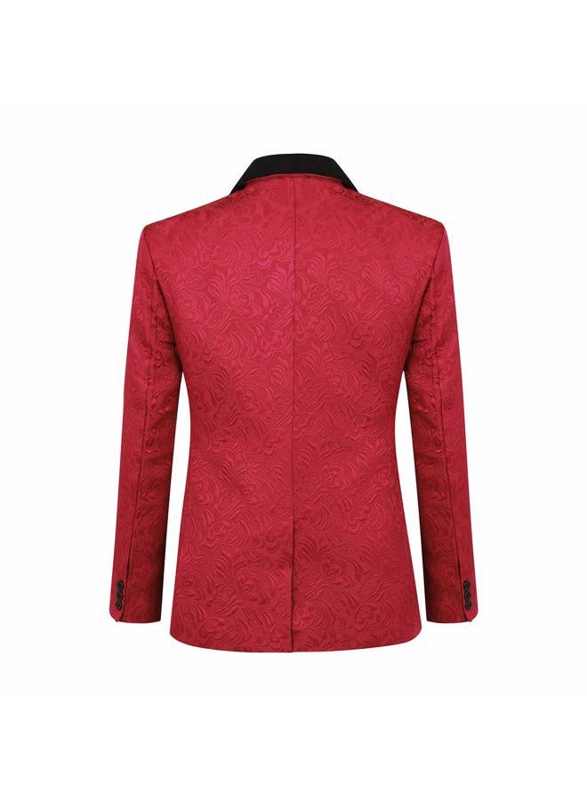 YFFUSHI Men's 3 Piece Suit Slim Fit Jacquard Tuxedo One Button Shawl Collar Jacket Vest & Trousers, Red, XS - Image 2
