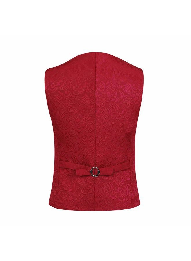 YFFUSHI Men's 3 Piece Suit Slim Fit Jacquard Tuxedo One Button Shawl Collar Jacket Vest & Trousers, Red, XS - Image 4