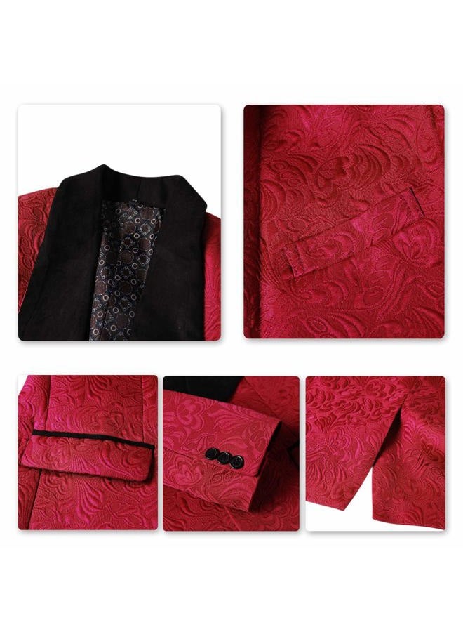 YFFUSHI Men's 3 Piece Suit Slim Fit Jacquard Tuxedo One Button Shawl Collar Jacket Vest & Trousers, Red, XS - Image 5